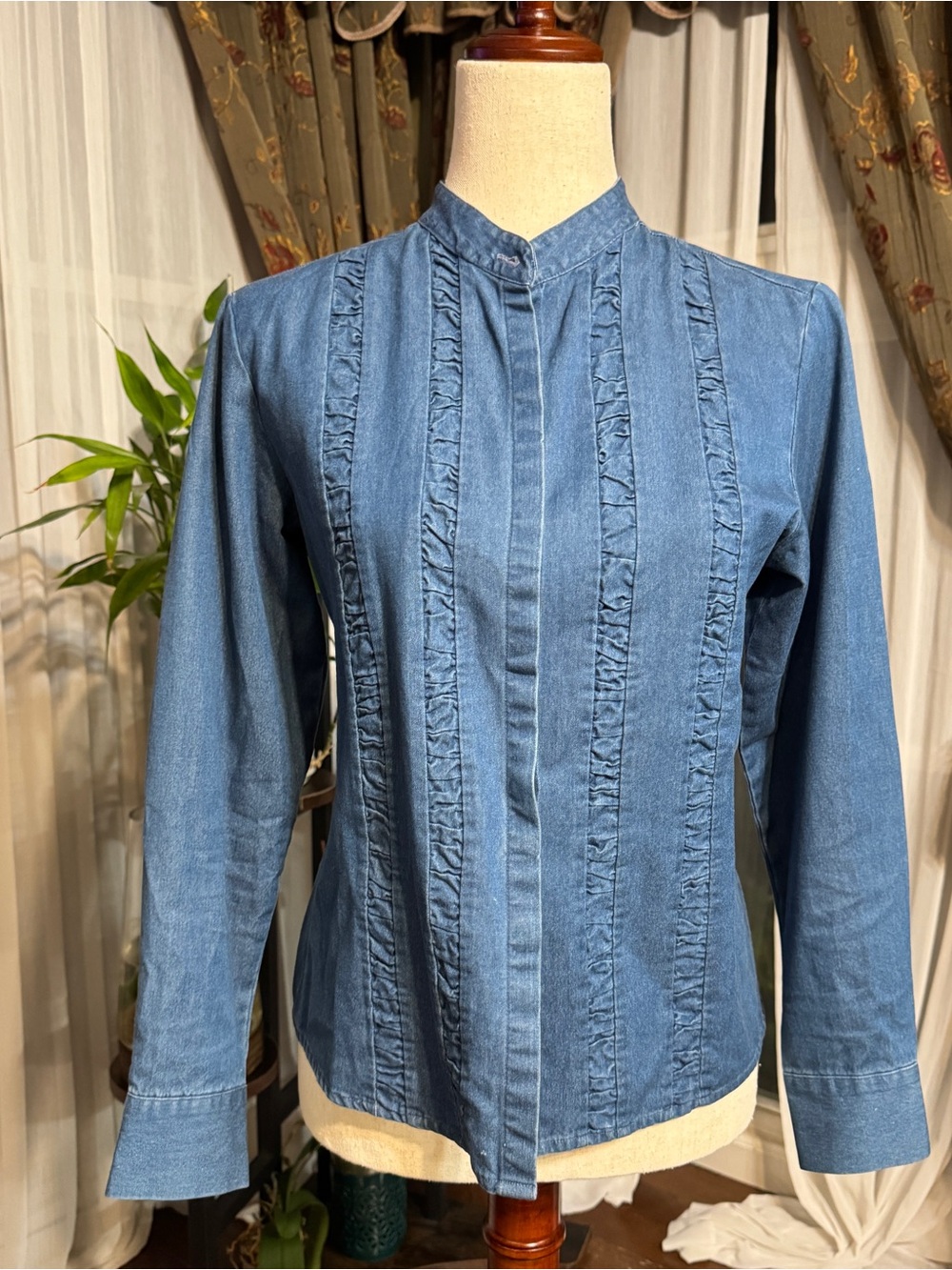 Talbots Blue Denim Ruffle-Trim Button Front Top - Picture 2 of 6